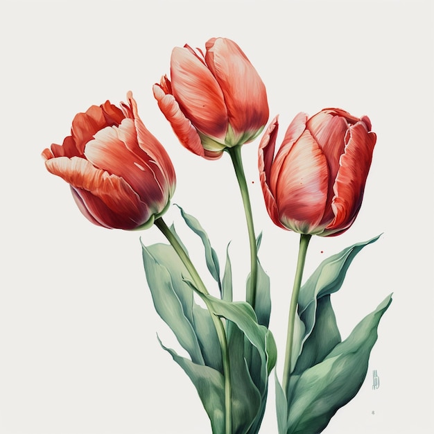 Tres tulipanes rojos sobre un fondo blanco.