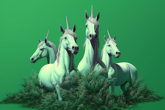 Tres unicornios blancos sobre fondo verde