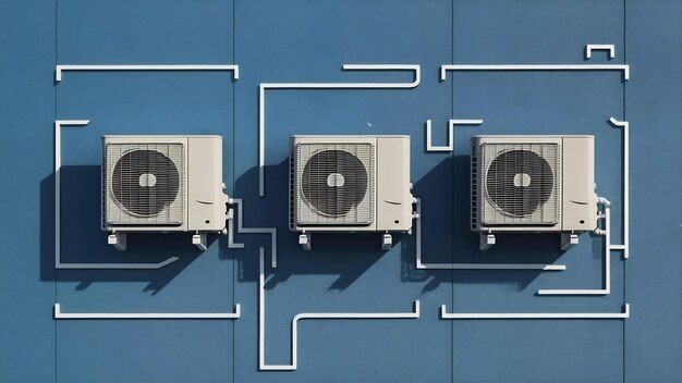 Foto tres unidades al aire acondicionado al aire libre en un espacio de copia de pared azul