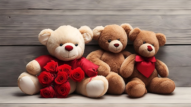 Três ursinhos de pelúcia com rosas vermelhas nas costas