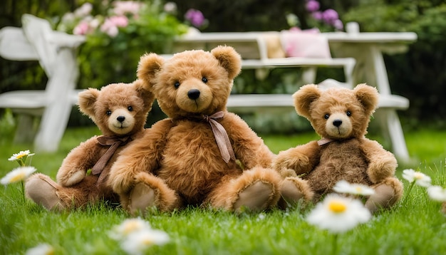 Três ursos de pelúcia estão sentados na grama, um dos quais é um urso de pelúcio.