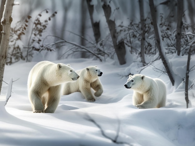 Três ursos polares estão andando na neve.