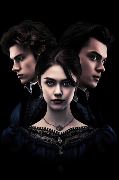 Tres vampiros atractivos sobre un fondo negro Cubierta de una novela de vampiros Ilustración de IA generativa Estilo vintage