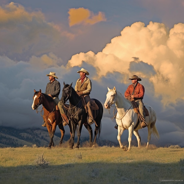 tres vaqueros tomando un caballo de montar a finales del verano