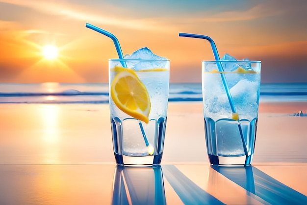 tres vasos de agua con limón y limón en la playa.