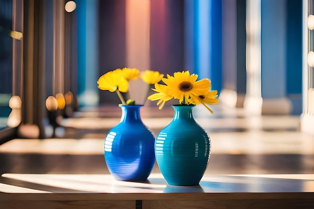 três vasos azuis com flores amarelas neles estão em uma mesa