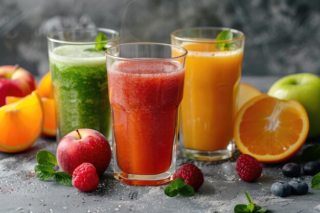 Tres vasos de batido batidos amarillos verdes y rojos sobre fondo de frutas manzana cítrica y menta