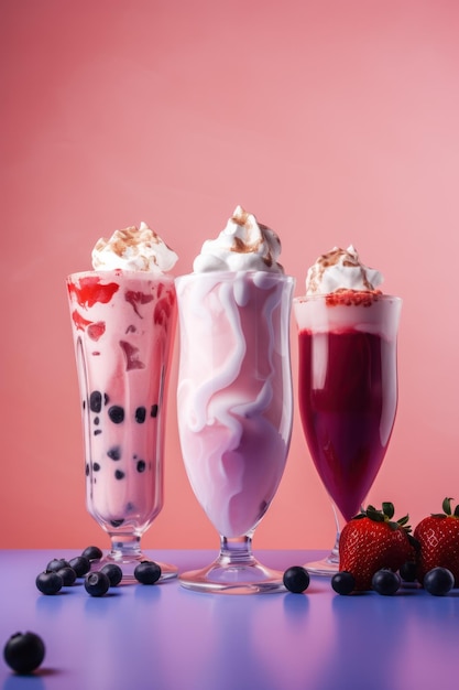 Tres vasos de batido de fresa y arándano con crema batida y bayas frescas sobre fondo púrpura IA generativa