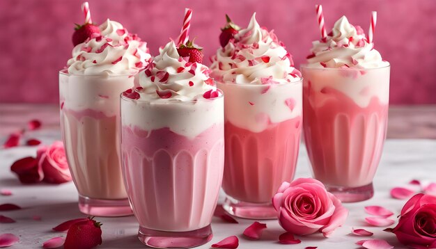 tres vasos de batido con fresas y fresas en ellos