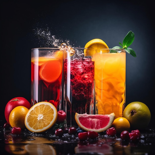 Tres vasos de bebidas de diferentes colores con fruta en la mesa