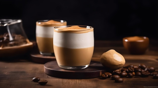 Tres vasos de café con un grano de café sobre la mesa