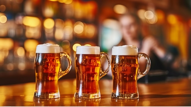 Tres vasos de cerveza se alinean en un bar generativo ai