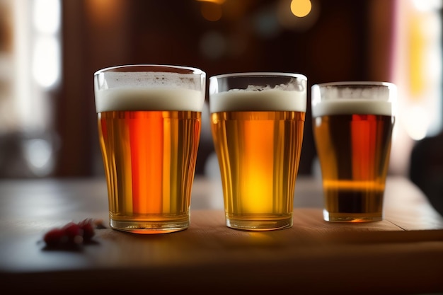 Tres vasos de cerveza en una mesa con frutos rojos en la mesa