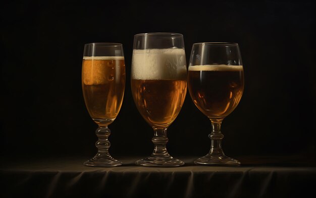 Tres vasos de cerveza sobre un fondo oscuro generado por ai