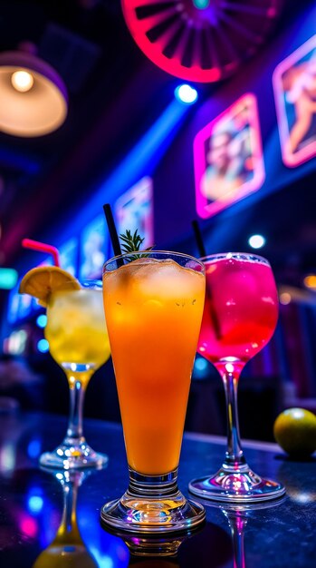 tres vasos de cócteles de diferentes colores con uno de ellos tiene una rebanada de lima en la parte superior