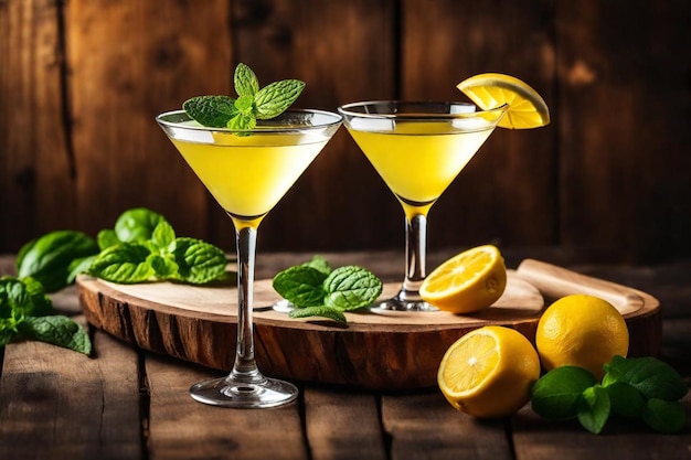 tres vasos de cócteles con hojas de menta y hojas de mentas en una mesa de madera