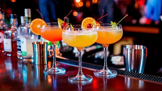 Tres vasos de cócteles con naranja y cereza en el mostrador del bar