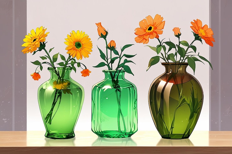 Foto três vasos com flores e um vaso de vidro verde com uma flor verde no meio