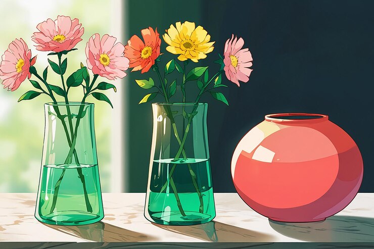 Foto três vasos com flores e um vaso de vidro verde com uma flor verde no meio