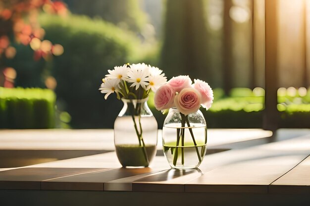 três vasos com flores em uma mesa ao sol