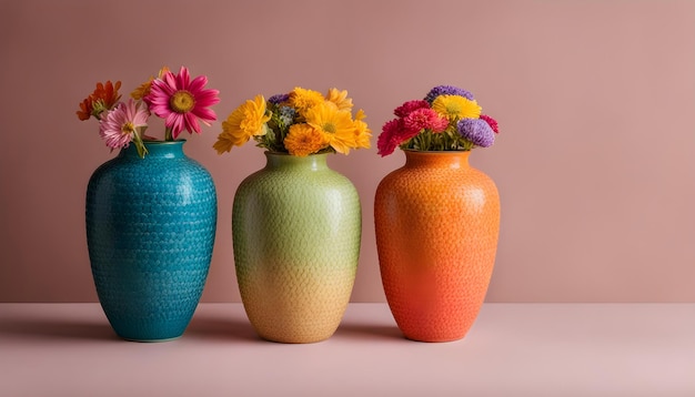 Foto três vasos com flores neles estão em uma mesa