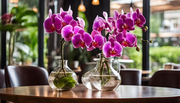 três vasos com flores roxas em uma mesa com um que diz orquídea