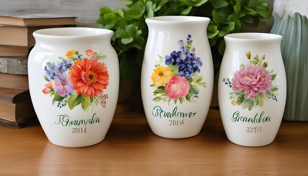 Foto três vasos com flores sobre eles são rotulados virgem de la viti