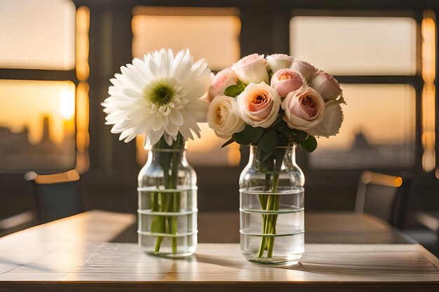 três vasos com flores sobre uma mesa, um com o outro com uma fogueira ao fundo.