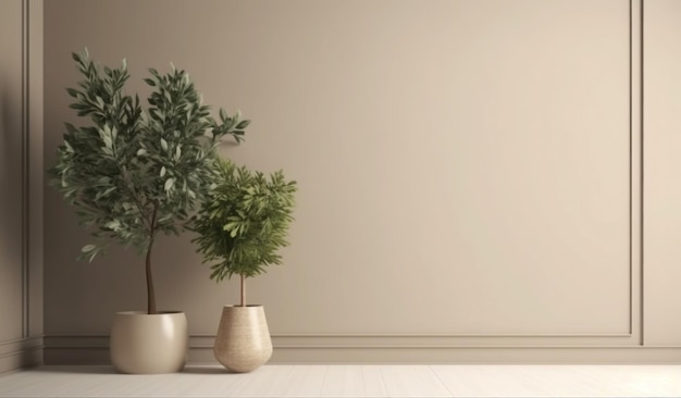 Três vasos de plantas em uma mesa branca em frente a uma parede em branco.