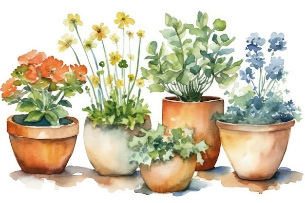 Três vasos de plantas vibrantes representados em aquarela Generative AI