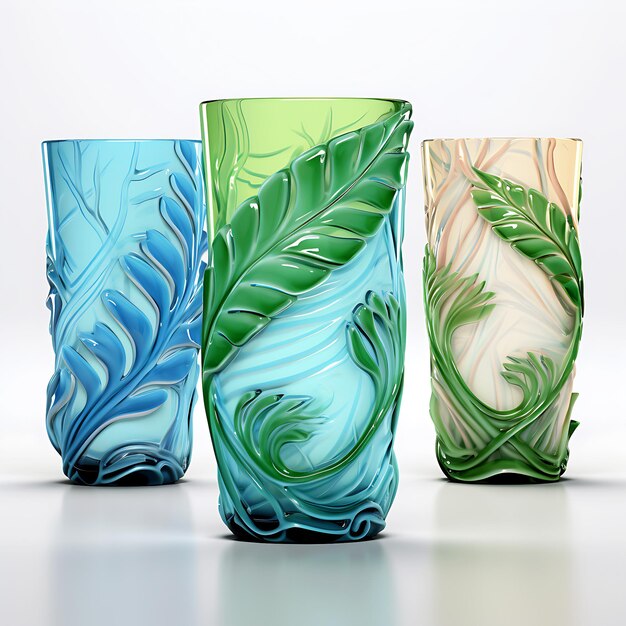 Foto tres vasos de fusión de color verde claro y azul cielo con plantas en el fondo exterior