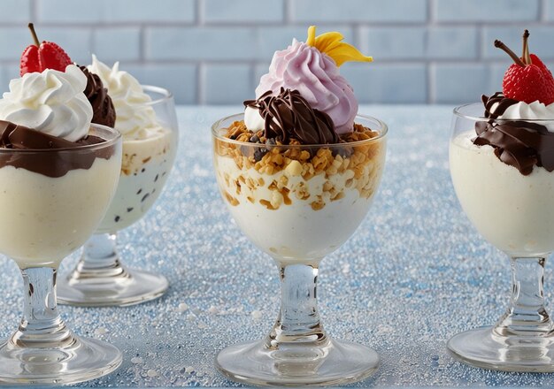 Foto tres vasos de helado con fresas y crema batida