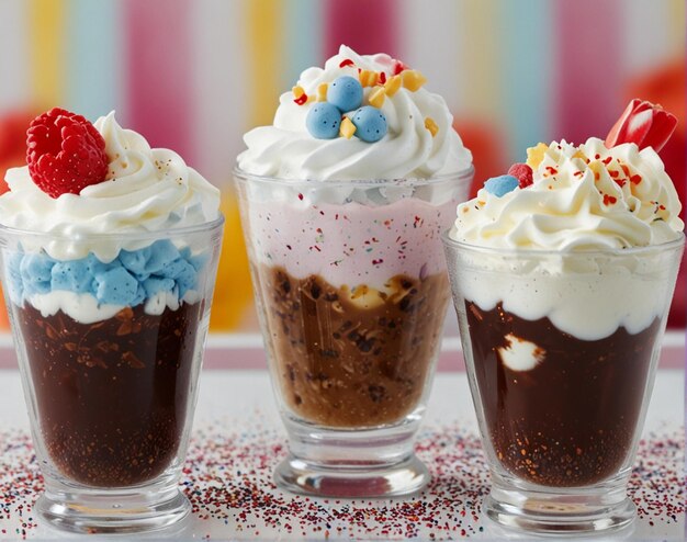 Foto tres vasos de helado con fresas y crema batida