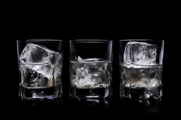 Tres vasos de hielo sobre un fondo negro