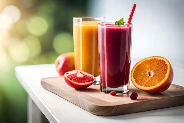 Tres vasos de jugo de frutas en una tabla para cortar con una pajita y una fresa al costado.