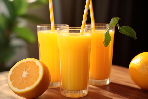 Tres vasos de jugo de naranja con pajitas están acompañados de una pajita etiquetada limón