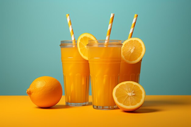 Tres vasos de jugo de naranja con pajitas están acompañados de una pajita etiquetada limón