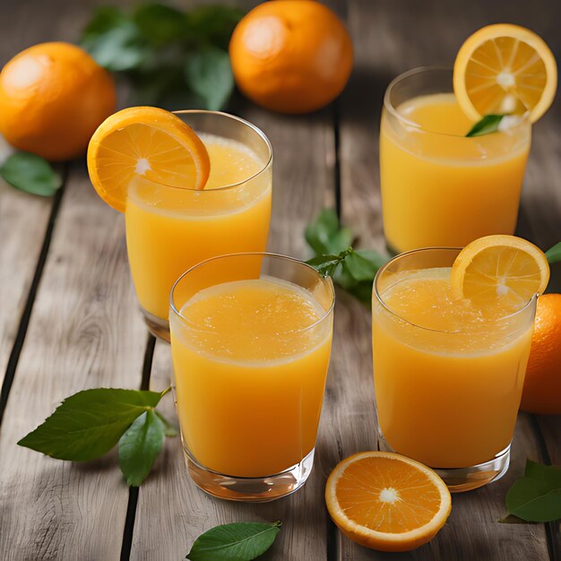 tres vasos de jugo de naranja sentados en una mesa de madera