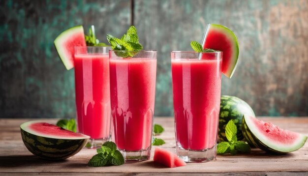 Tres vasos de jugo de sandía con hojas de menta