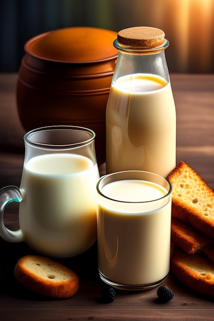 Tres vasos de leche en una mesa con pan