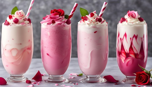 tres vasos de leche rosa con flores y fresas en la mesa