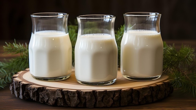 tres vasos de leche sentados en una losa de madera con ramas de pino IA generativa