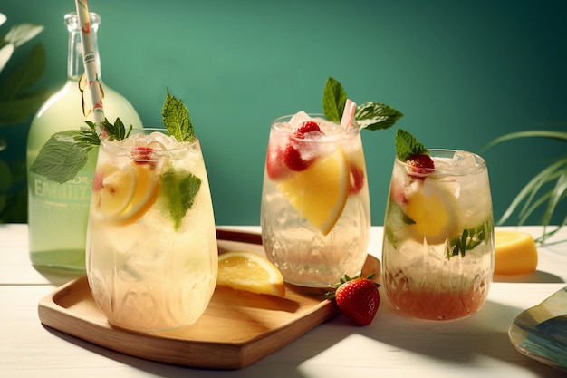 Tres vasos de limonada de fresa con una botella de limón al lado.