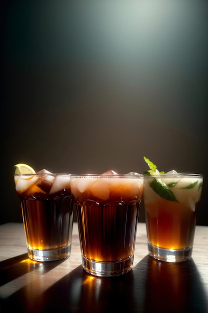 Tres vasos llenos de bebidas sentado encima de una mesa