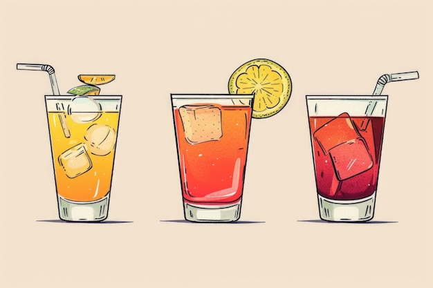 Foto tres vasos llenos de diferentes tipos de bebidas adecuados para conceptos de alimentos y bebidas