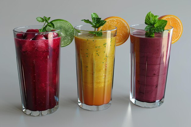 Foto tres vasos llenos de frutas y verduras sentados uno al lado del otro