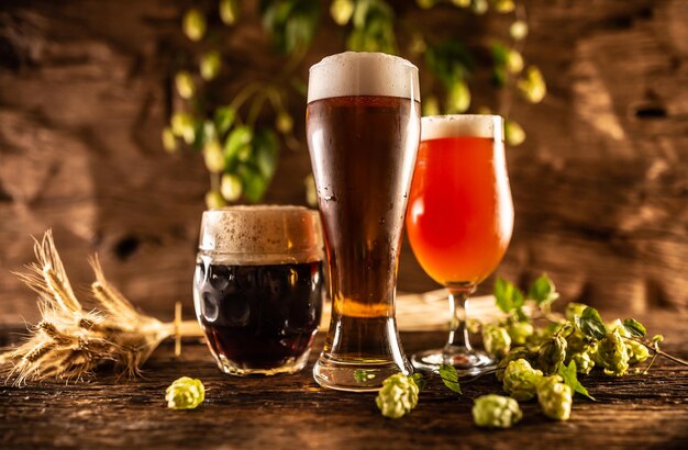 Foto tres vasos con luz de cerveza oscura y roja frente a un barril de madera decoración de cebada