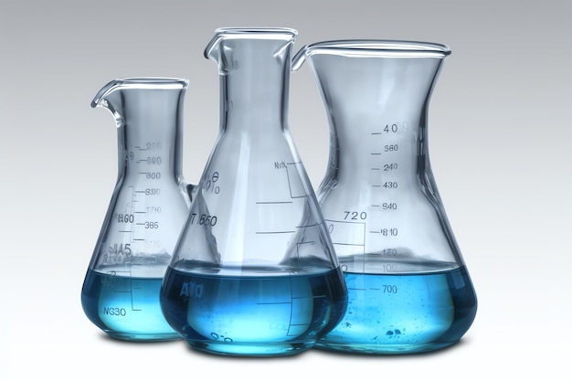 Tres vasos de precipitados con líquido azul, uno de los cuales está etiquetado como azul.