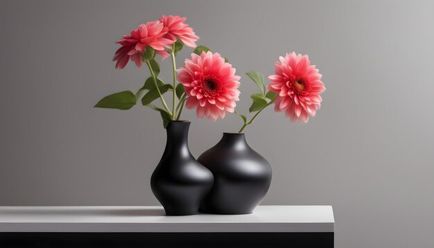 Foto três vasos pretos com flores cor-de-rosa em uma prateleira