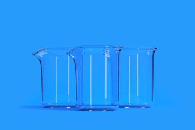 Tres vasos vacíos sobre un fondo azul frasco de química equipo de laboratorio de vidrio renderización 3D